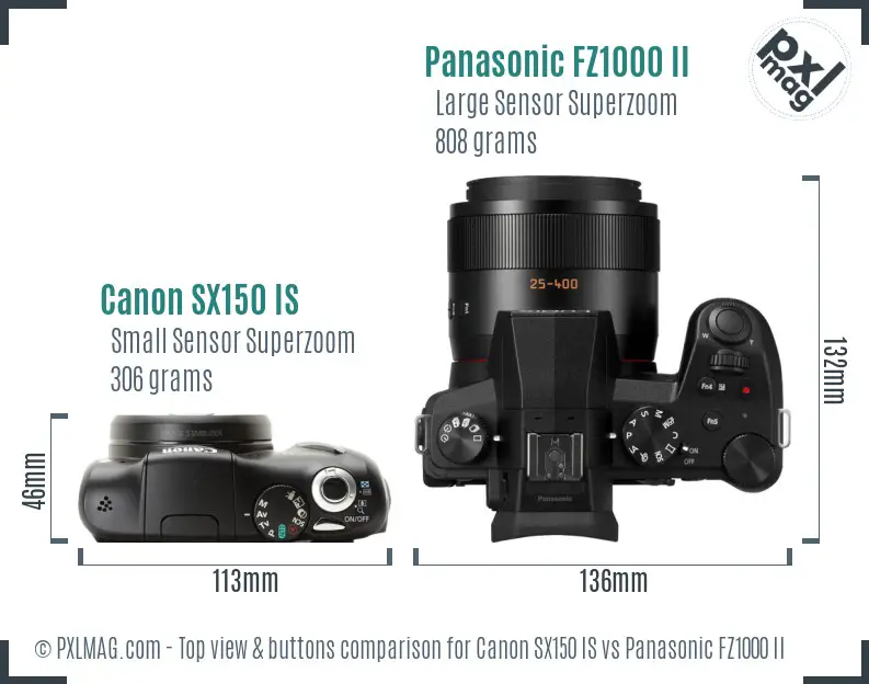 Canon SX150 IS vs Panasonic FZ1000 II top view buttons comparison