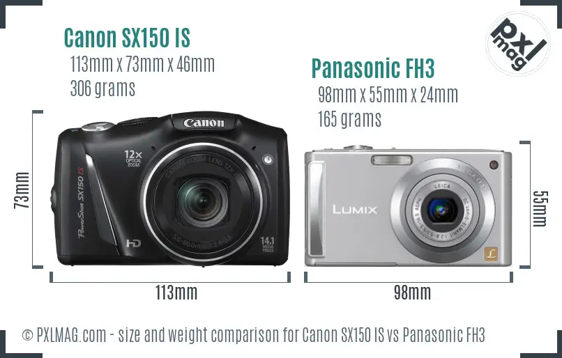 Canon SX150 IS vs Panasonic FH3 size comparison