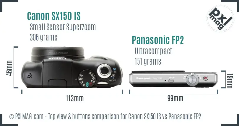 Canon SX150 IS vs Panasonic FP2 top view buttons comparison