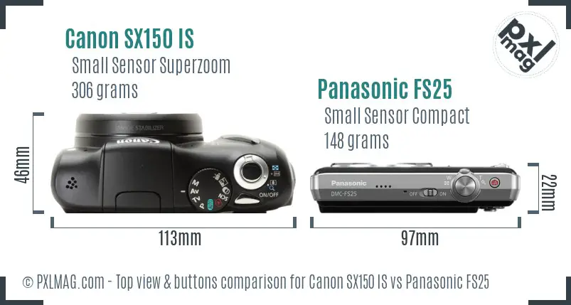 Canon SX150 IS vs Panasonic FS25 top view buttons comparison