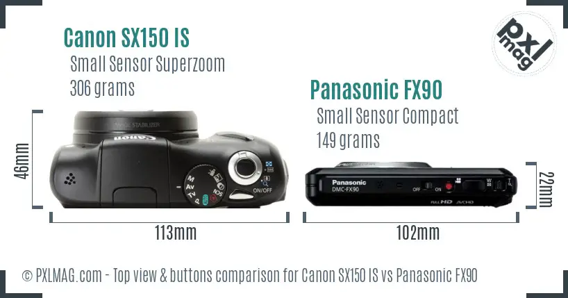 Canon SX150 IS vs Panasonic FX90 top view buttons comparison
