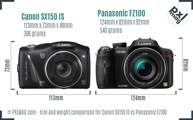 Canon SX150 IS vs Panasonic FZ100 size comparison