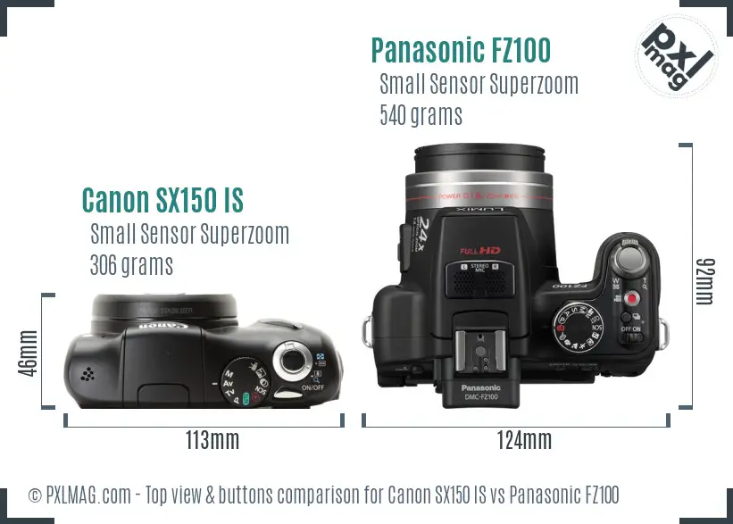 Canon SX150 IS vs Panasonic FZ100 top view buttons comparison