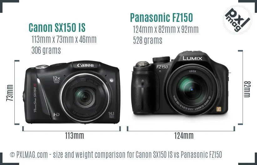 Canon SX150 IS vs Panasonic FZ150 size comparison Canon SX150 IS vs Panasonic FZ150 size comparison