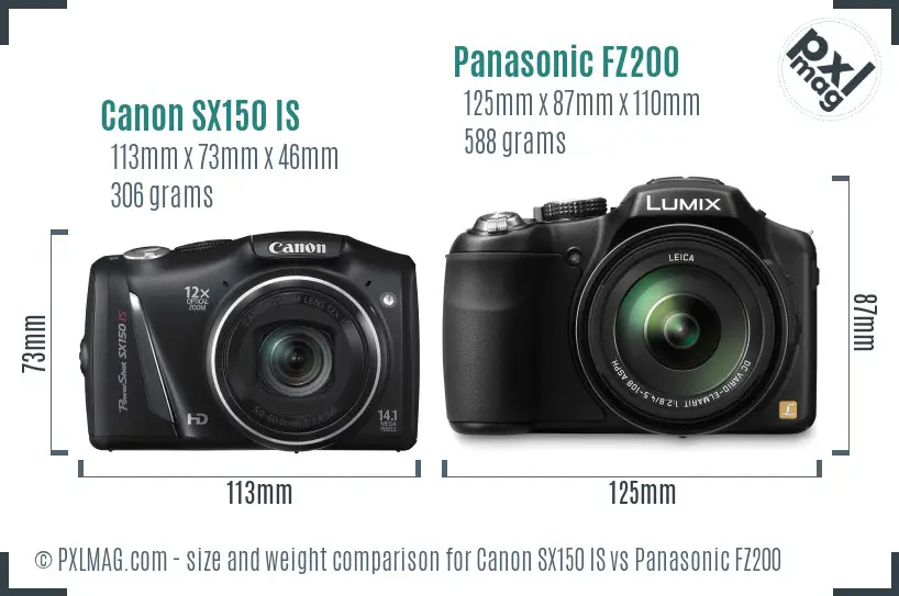 Canon SX150 IS vs Panasonic FZ200 size comparison