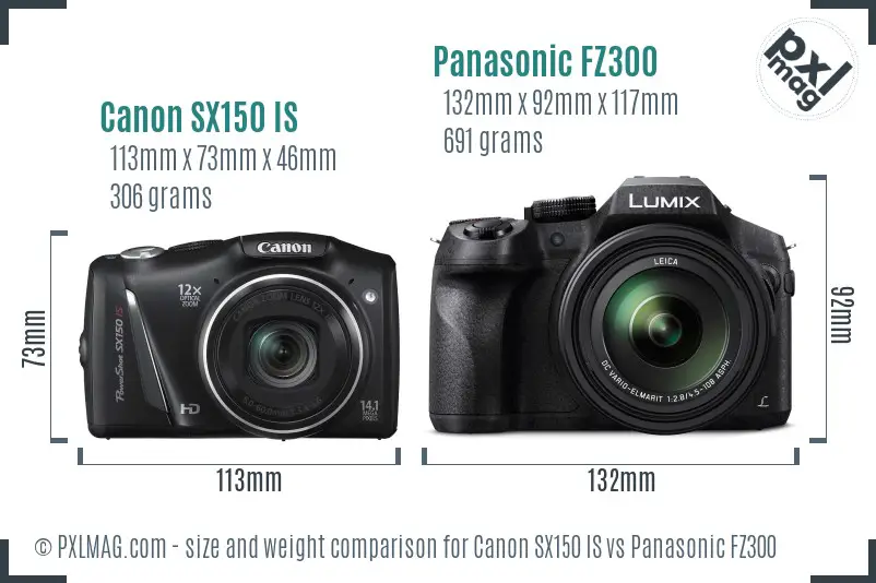 Canon SX150 IS vs Panasonic FZ300 size comparison