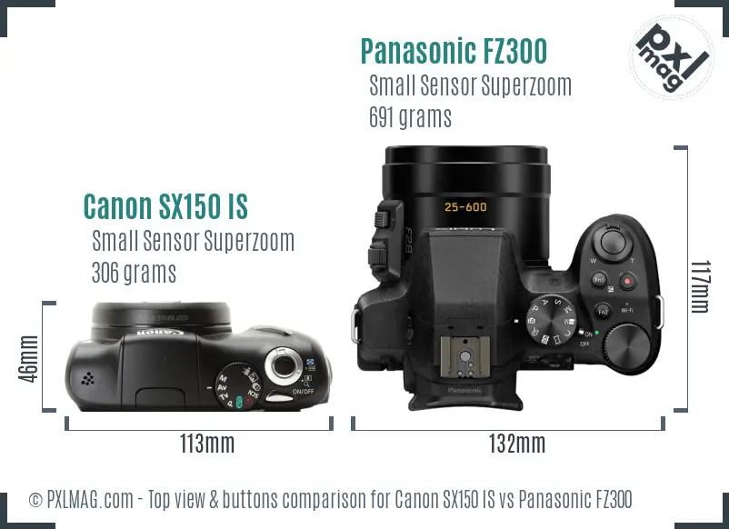 Canon SX150 IS vs Panasonic FZ300 top view buttons comparison