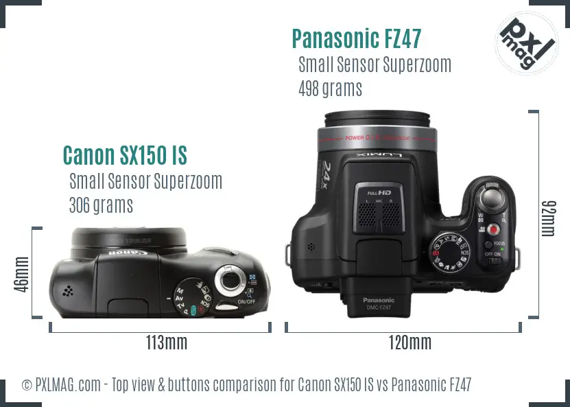 Canon SX150 IS vs Panasonic FZ47 top view buttons comparison Canon SX150 IS vs Panasonic FZ47 top view buttons comparison