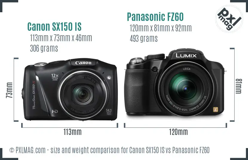 Canon SX150 IS vs Panasonic FZ60 size comparison