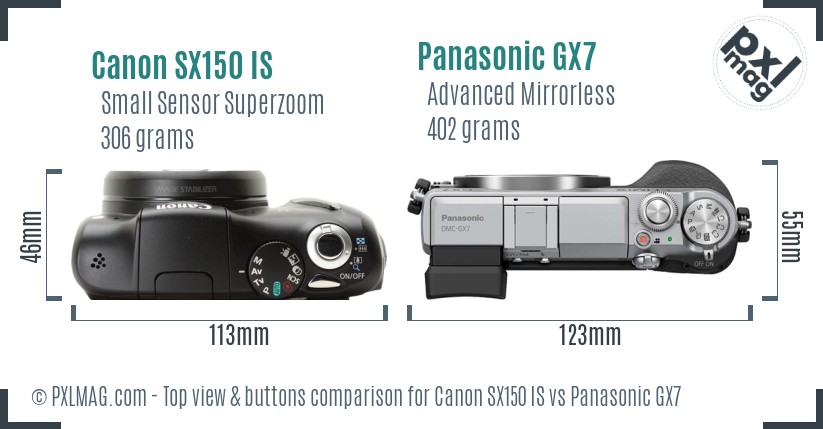 Canon SX150 IS vs Panasonic GX7 top view buttons comparison