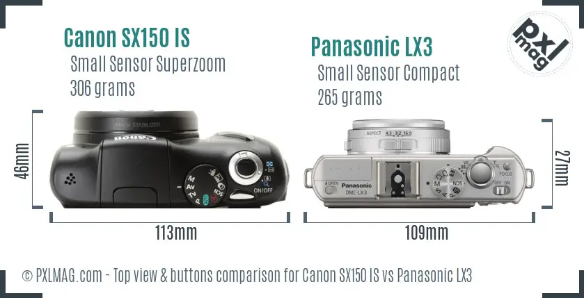 Canon SX150 IS vs Panasonic LX3 top view buttons comparison