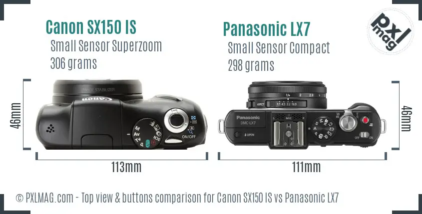 Canon SX150 IS vs Panasonic LX7 top view buttons comparison