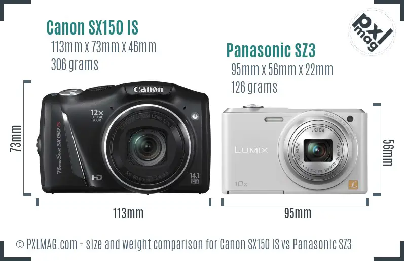 Canon SX150 IS vs Panasonic SZ3 size comparison