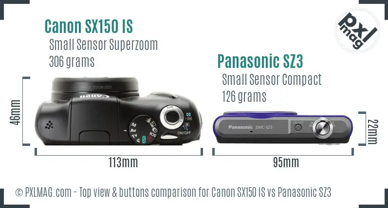 Canon SX150 IS vs Panasonic SZ3 top view buttons comparison