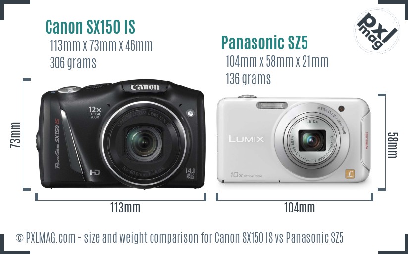Canon SX150 IS vs Panasonic SZ5 size comparison