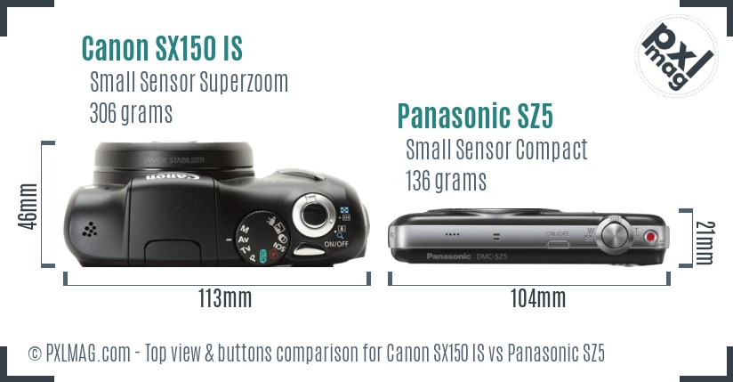 Canon SX150 IS vs Panasonic SZ5 top view buttons comparison
