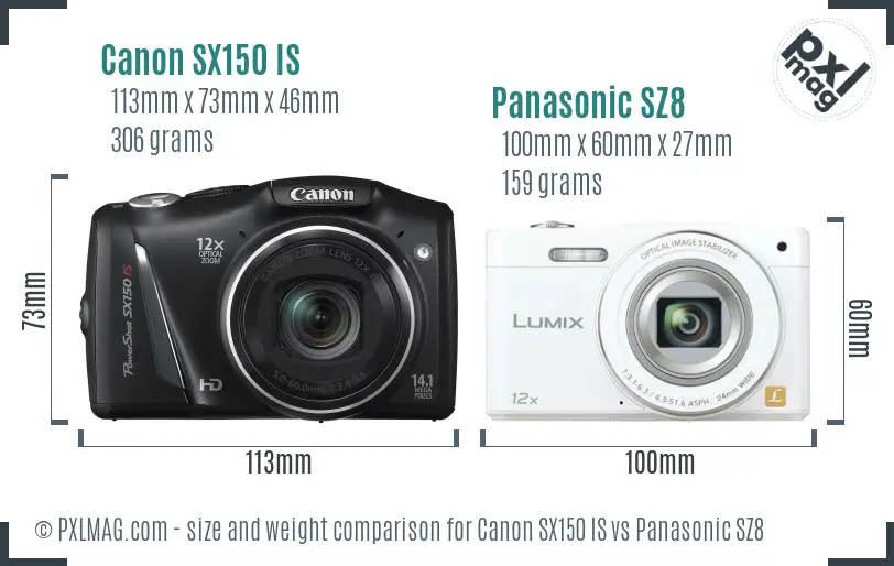 Canon SX150 IS vs Panasonic SZ8 size comparison