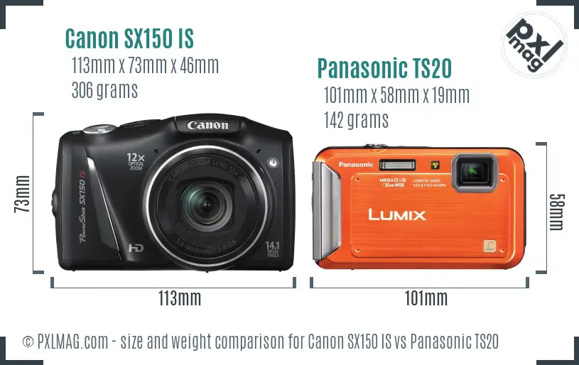 Canon SX150 IS vs Panasonic TS20 size comparison
