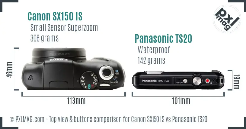 Canon SX150 IS vs Panasonic TS20 top view buttons comparison
