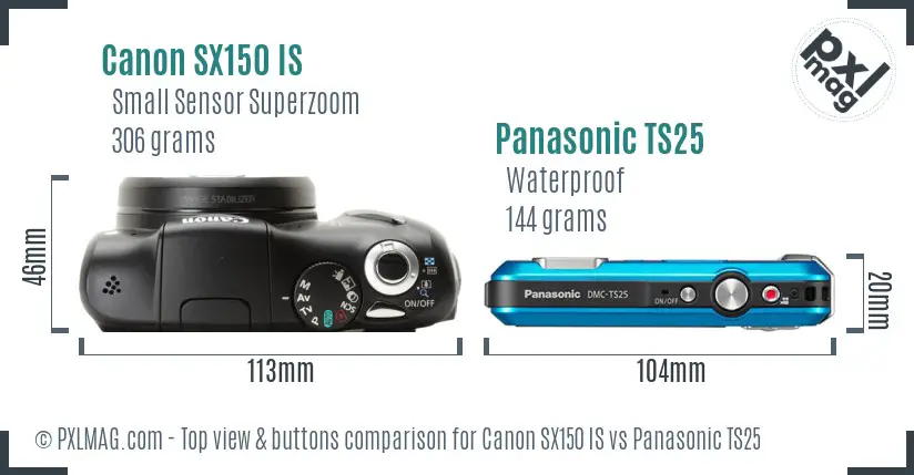 Canon SX150 IS vs Panasonic TS25 top view buttons comparison Canon SX150 IS vs Panasonic TS25 top view buttons comparison