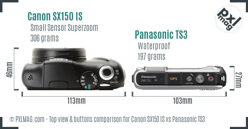 Canon SX150 IS vs Panasonic TS3 top view buttons comparison