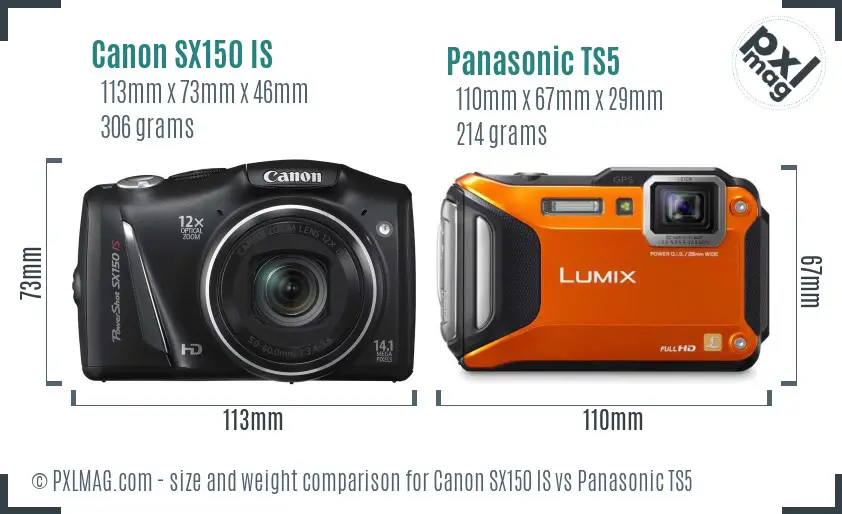 Canon SX150 IS vs Panasonic TS5 size comparison