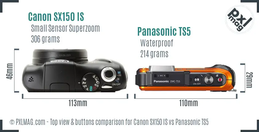Canon SX150 IS vs Panasonic TS5 top view buttons comparison