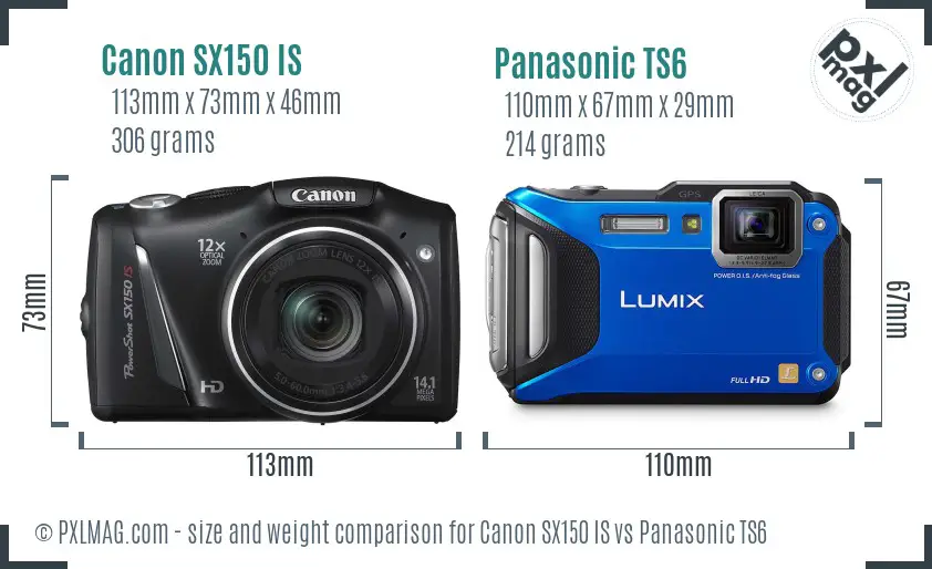 Canon SX150 IS vs Panasonic TS6 size comparison