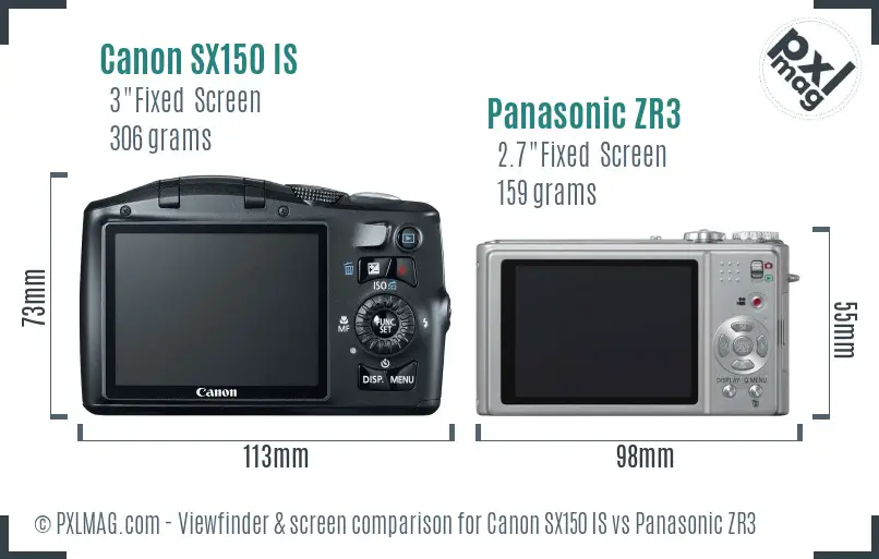 Canon SX150 IS vs Panasonic ZR3 Screen and Viewfinder comparison