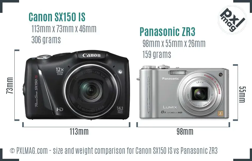 Canon SX150 IS vs Panasonic ZR3 size comparison
