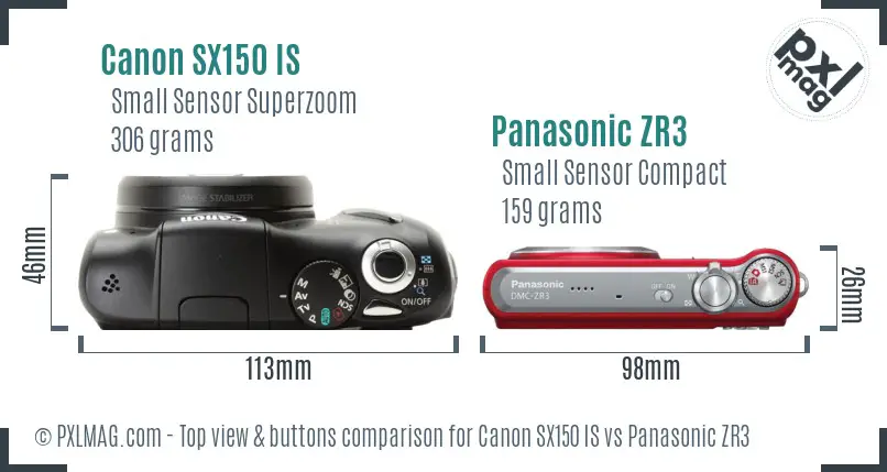 Canon SX150 IS vs Panasonic ZR3 top view buttons comparison
