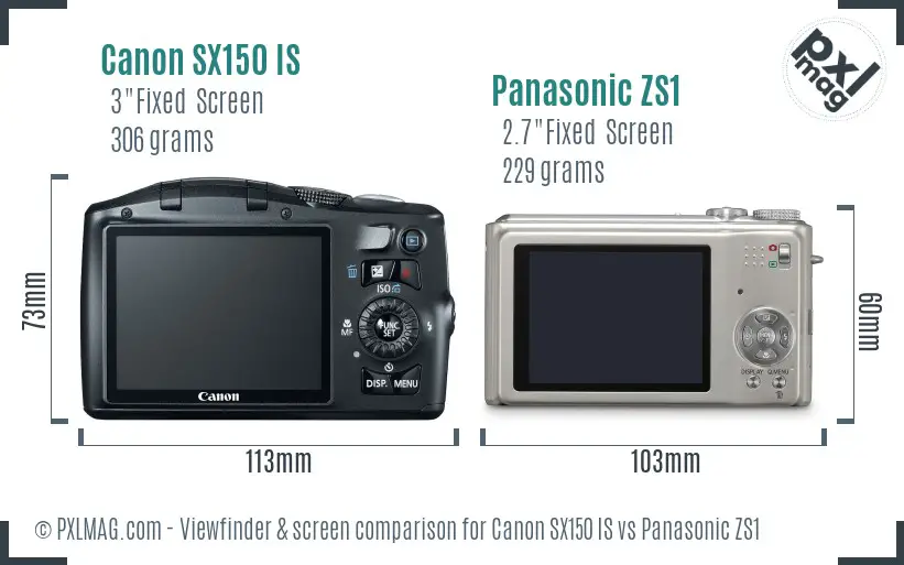 Canon SX150 IS vs Panasonic ZS1 Screen and Viewfinder comparison