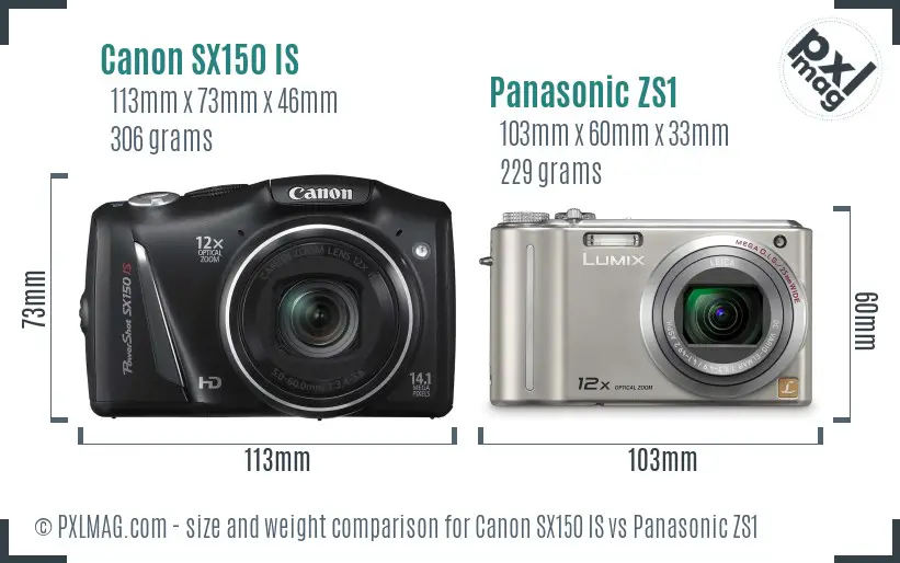 Canon SX150 IS vs Panasonic ZS1 size comparison