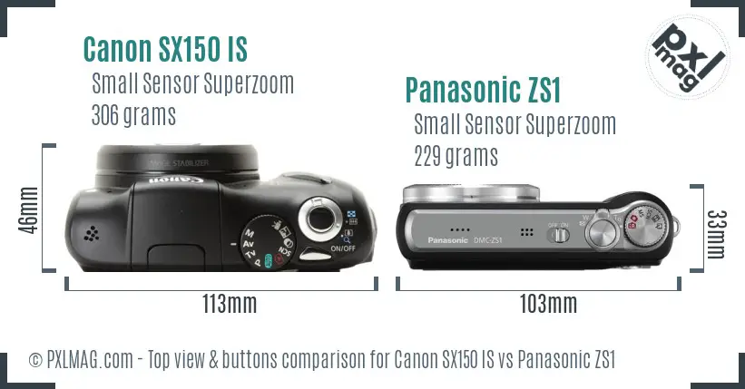 Canon SX150 IS vs Panasonic ZS1 top view buttons comparison