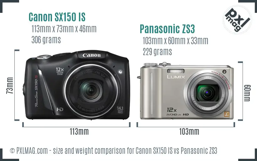 Canon SX150 IS vs Panasonic ZS3 size comparison