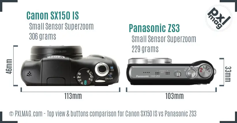 Canon SX150 IS vs Panasonic ZS3 top view buttons comparison