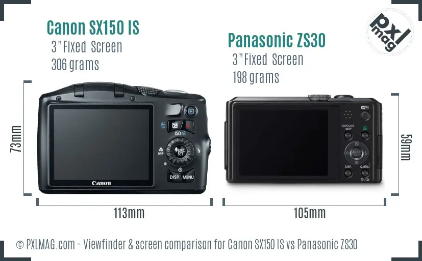 Canon SX150 IS vs Panasonic ZS30 Screen and Viewfinder comparison