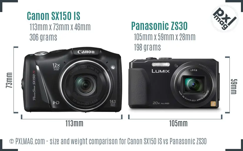 Canon SX150 IS vs Panasonic ZS30 size comparison