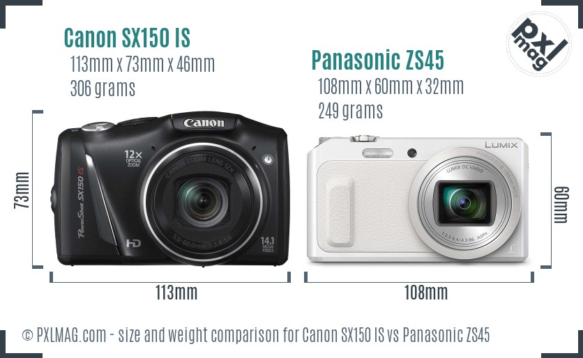 Canon SX150 IS vs Panasonic ZS45 size comparison