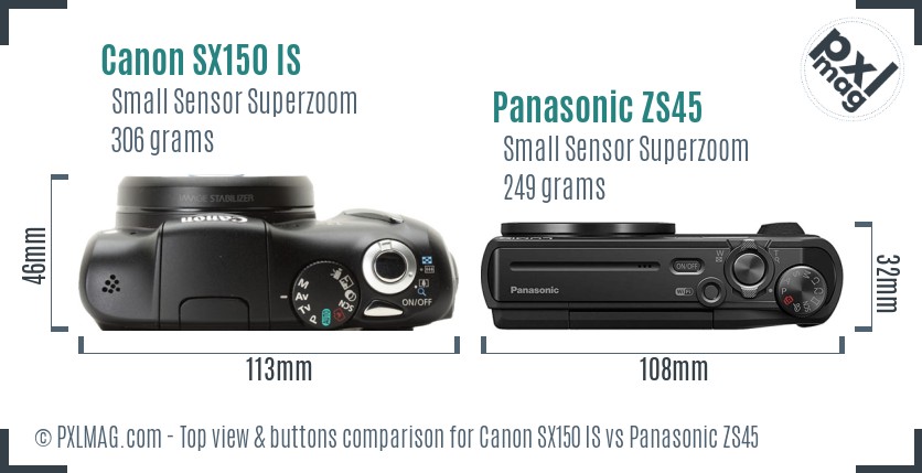 Canon SX150 IS vs Panasonic ZS45 top view buttons comparison