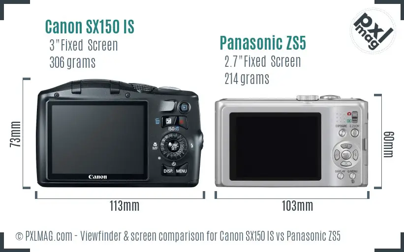 Canon SX150 IS vs Panasonic ZS5 Screen and Viewfinder comparison