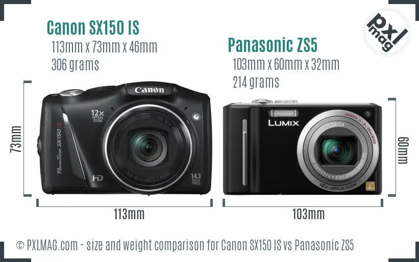 Canon SX150 IS vs Panasonic ZS5 size comparison