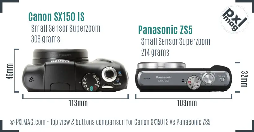 Canon SX150 IS vs Panasonic ZS5 top view buttons comparison