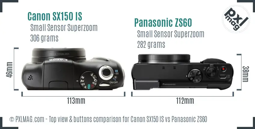 Canon SX150 IS vs Panasonic ZS60 top view buttons comparison