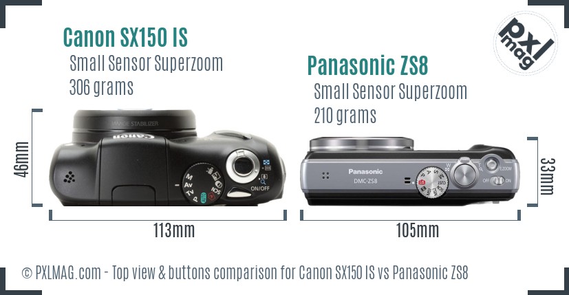 Canon SX150 IS vs Panasonic ZS8 top view buttons comparison