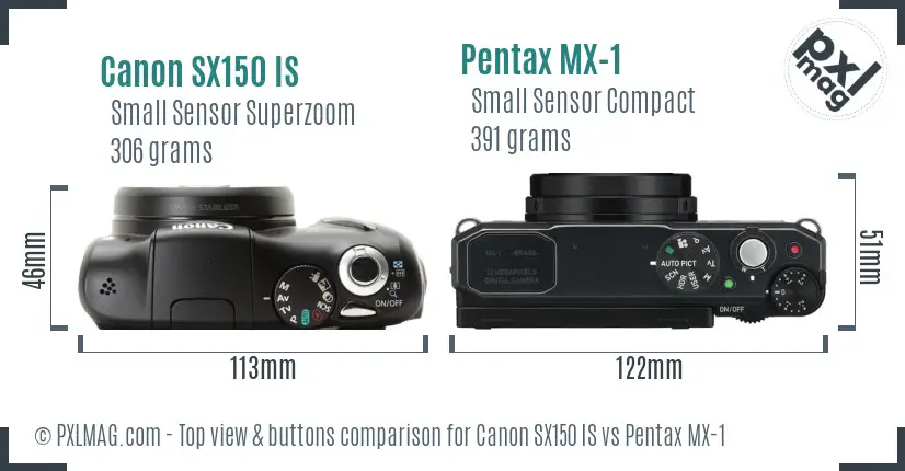 Canon SX150 IS vs Pentax MX-1 top view buttons comparison