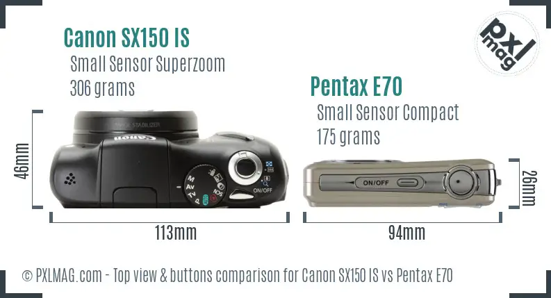 Canon SX150 IS vs Pentax E70 top view buttons comparison Canon SX150 IS vs Pentax E70 top view buttons comparison