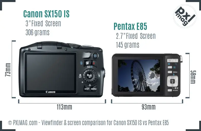 Canon SX150 IS vs Pentax E85 Screen and Viewfinder comparison