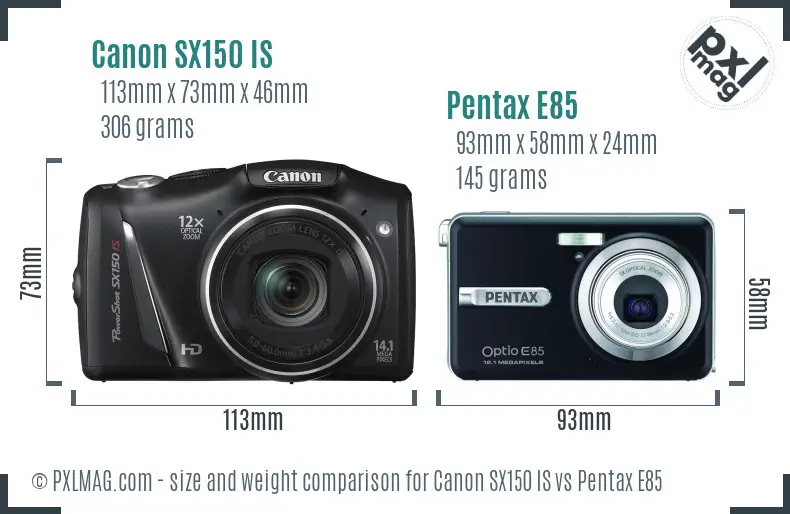 Canon SX150 IS vs Pentax E85 size comparison