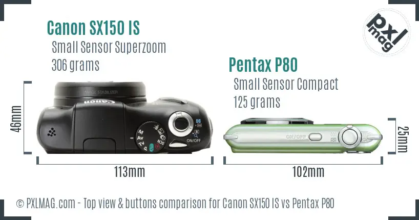 Canon SX150 IS vs Pentax P80 top view buttons comparison